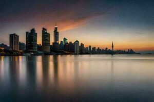 de stad horisont på solnedgång i dubai. ai-genererad foto