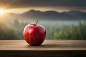 ett äpple sitter på en trä- tabell i främre av en berg. ai-genererad foto