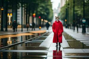 en räv bär en röd täcka stående på en våt gata. ai-genererad foto