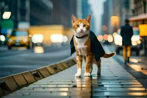 en katt bär en cape promenader ner en stad gata. ai-genererad foto