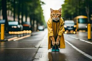 en katt i en regnkappa stående på de gata. ai-genererad foto