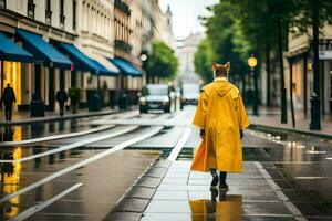 en räv i en gul regnkappa gående ner en gata. ai-genererad foto