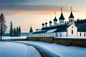 en kyrka i de snö med en väg ledande till Det. ai-genererad foto