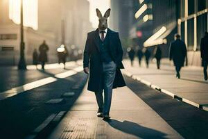 en man bär en kanin huvud på hans huvud gående ner en stad gata. ai-genererad foto