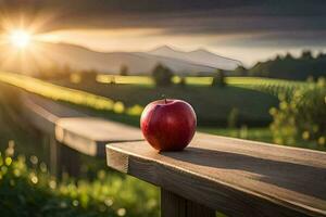 ett äpple sitter på en trä- bänk utsikt en fält. ai-genererad foto