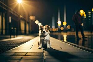 en hund Sammanträde på de trottoar på natt. ai-genererad foto