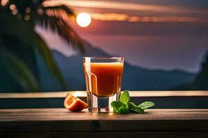 en glas av orange juice med en skiva av persika på en trä- tabell. ai-genererad foto