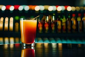 en glas av orange juice Sammanträde på en bar disken. ai-genererad foto