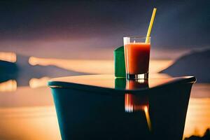 en glas av orange juice på en tabell med en solnedgång i de bakgrund. ai-genererad foto