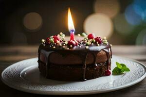 en choklad kaka med en belyst ljus på topp. ai-genererad foto