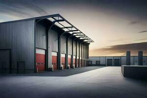 en stor industriell byggnad med en stor garage dörr. ai-genererad foto