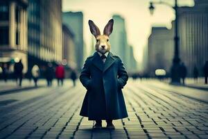 en kanin bär en täcka och slips stående på en gata. ai-genererad foto