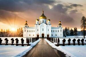 en vit kyrka med guld kupoler på solnedgång. ai-genererad foto