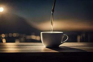en kopp av kaffe på en tabell med en ljus lysande på Det. ai-genererad foto