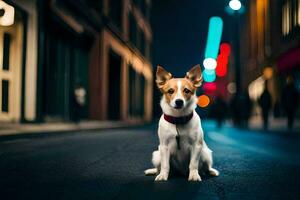 en hund Sammanträde på de gata på natt. ai-genererad foto