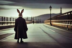 en kanin bär en täcka och hatt på en bro. ai-genererad foto