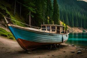 ett gammal båt sitter på de Strand av en sjö. ai-genererad foto