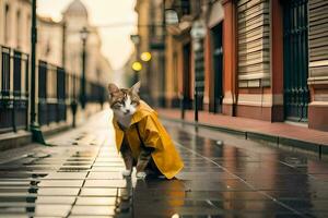 en katt i en gul regnkappa gående ner en gata. ai-genererad foto