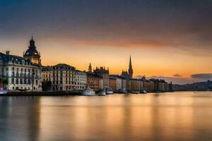 de stad av stockholm på solnedgång. ai-genererad foto