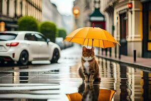 en katt är stående i de regn med ett paraply. ai-genererad foto