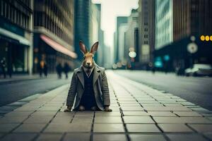 en kanin i en kostym sitter på de gata. ai-genererad foto