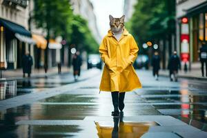 en katt bär en gul regnkappa på en regnig dag. ai-genererad foto