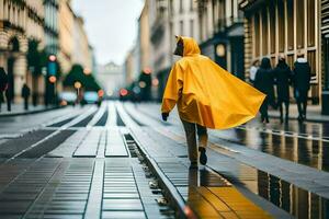 en kvinna i en gul regnkappa gående ner en gata. ai-genererad foto