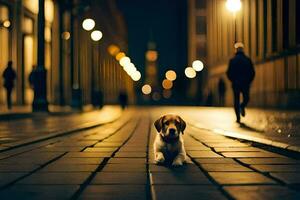 en hund Sammanträde på de gata på natt. ai-genererad foto