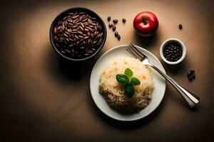 de mat är en tallrik av ris, en sked, och en kopp av kaffe. ai-genererad foto