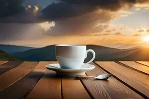 kaffe kopp på de tabell med en se av de berg. ai-genererad foto