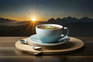 en kopp av te på en trä- tabell med en berg i de bakgrund. ai-genererad foto