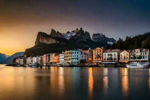 de skön stad av lago di loro på solnedgång. ai-genererad foto