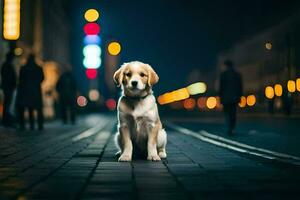 en hund Sammanträde på de gata på natt. ai-genererad foto