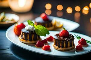 tre desserter på en tallrik med ljus. ai-genererad foto