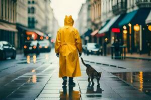 en person i en gul regnkappa gående med en katt. ai-genererad foto