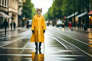 en räv bär en gul regnkappa och gående på en våt gata. ai-genererad foto