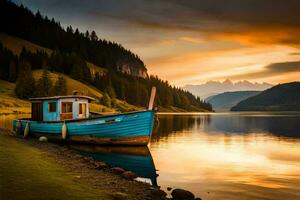 de båt på de sjö på solnedgång. ai-genererad foto