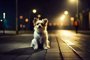 en små hund Sammanträde på de trottoar på natt. ai-genererad foto