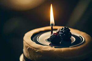 en stänga upp av en födelsedag kaka med en ljus. ai-genererad foto