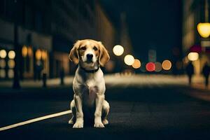 en hund Sammanträde på de gata på natt. ai-genererad foto