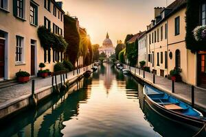 en kanal i en stad med båtar och byggnader. ai-genererad foto