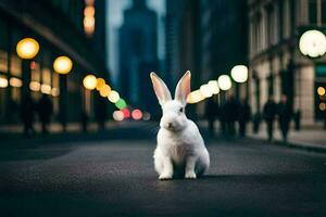 vit kanin i de stad. ai-genererad foto