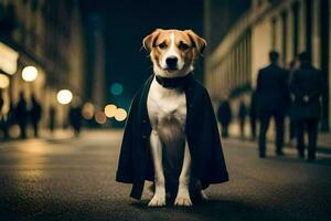 en hund bär en täcka och slips stående på de gata. ai-genererad foto