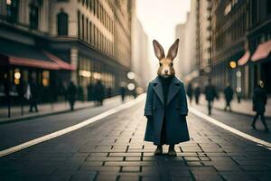 en kanin i en täcka stående på en gata. ai-genererad foto