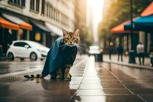 en katt bär en cape på en regnig dag. ai-genererad foto