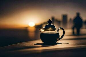 en kaffe pott på en tabell i främre av en stad horisont. ai-genererad foto