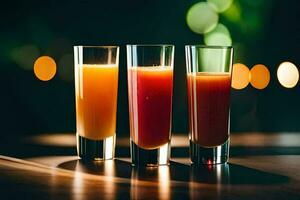 tre glasögon av orange juice på en tabell. ai-genererad foto