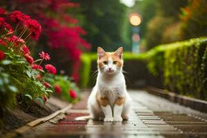 en katt Sammanträde på en tegel gångväg i främre av blommor. ai-genererad foto
