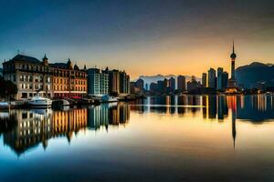 de stad horisont är reflekterad i de vatten på solnedgång. ai-genererad foto