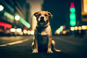 en hund Sammanträde på de gata på natt. ai-genererad foto